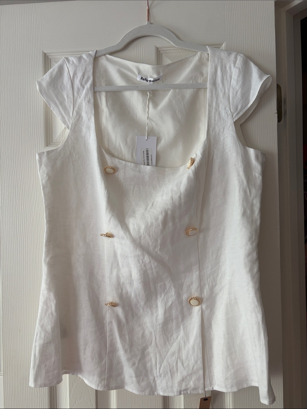 Reformation White Linen Square-Neck Top with Gold Accents